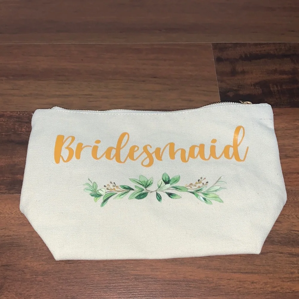 Bridesmaid Cream Makeup Bag Gold Script Wedding Party Gift Large 10.5x6.5